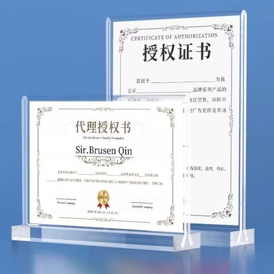 Display publicitario de acrílico de tamaño A4 de forma T transparente titular del certificado acrílico