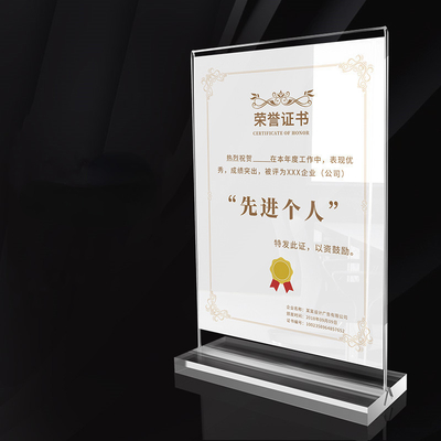 Display publicitario de acrílico de tamaño A4 de forma T transparente titular del certificado acrílico