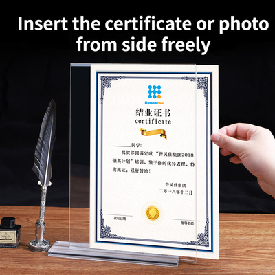 Display publicitario de acrílico de tamaño A4 de forma T transparente titular del certificado acrílico