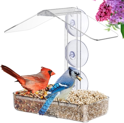 Ventana de acrílico transparente Alimentación de aves Casa de pájaros de vista grande con cápsulas de succión fuertes