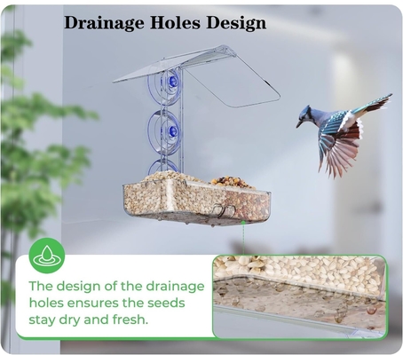 Ventana de acrílico transparente Alimentación de aves Casa de pájaros de vista grande con cápsulas de succión fuertes