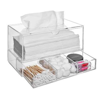 Caja de almacenamiento de maquillaje acrílico multifuncional Caja de tejido de lucita con cajón y tapa
