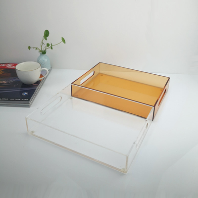 bandeja de servicio de acrílico amarillo transparente con mango para hotel restaurante casa