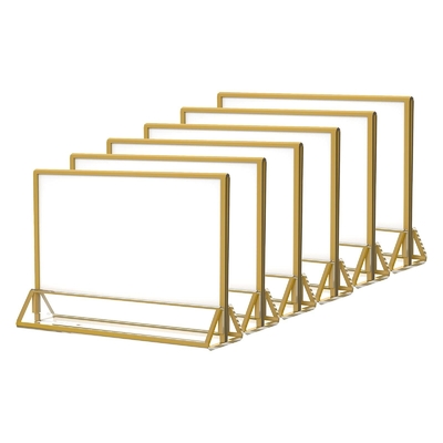 Portadores de números de mesa acrílicos transparentes con bordes dorados de dos lados de 7 x 5 pulgadas