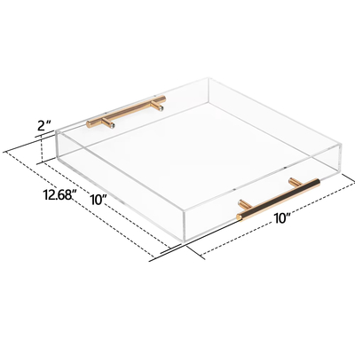 10X10 pulgadas de bandeja de acrílico cuadrado con asas de metal organizador para el té o el café