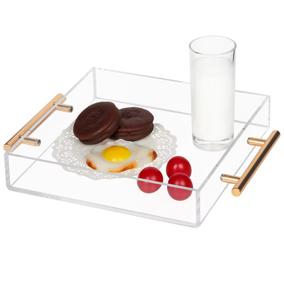 10X10 pulgadas de bandeja de acrílico cuadrado con asas de metal organizador para el té o el café