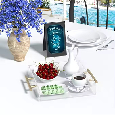 10X10 pulgadas de bandeja de acrílico cuadrado con asas de metal organizador para el té o el café