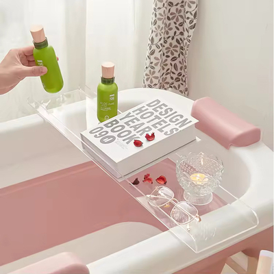 Color personalizado Acrílico bandeja de baño Estante de cristal Lucite bañera Caddy OEM logotipo