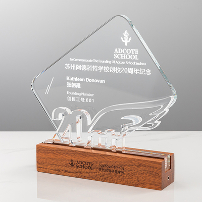 Impresión UV personalizada Premio acrílico con base de madera, placas de plexiglás fundido OEM