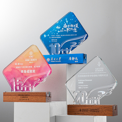 Impresión UV personalizada Premio acrílico con base de madera, placas de plexiglás fundido OEM