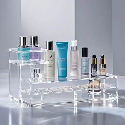 Display de escritorio acrílico personalizado y estante de almacenamiento para productos de belleza de maquillaje cosmético