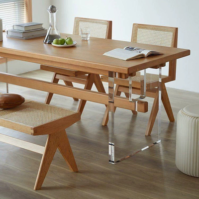 Mesa de comedor transparente acrílica en forma de T Piernas de color personalizado con base espesa