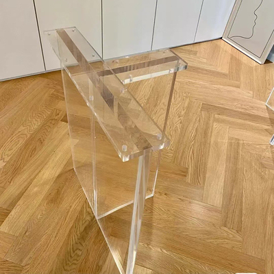 Mesa de comedor transparente acrílica en forma de T Piernas de color personalizado con base espesa
