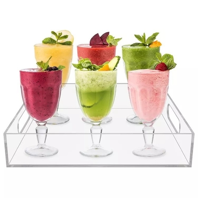 Venta caliente bandeja de almacenamiento acrílico cuadrado para el hogar bandeja de comida de frutas y aperitivos con manijas contenedor de almacenamiento para hoteles