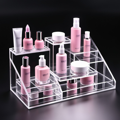 Elegantes puestos de exhibición de cosméticos de acrílico Soluciones personalizables, duraderas y con estilo para organizadores de maquillaje, mostradores minoristas y marcas de belleza