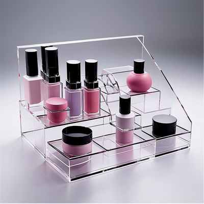 Elegantes puestos de exhibición de cosméticos de acrílico Soluciones personalizables, duraderas y con estilo para organizadores de maquillaje, mostradores minoristas y marcas de belleza
